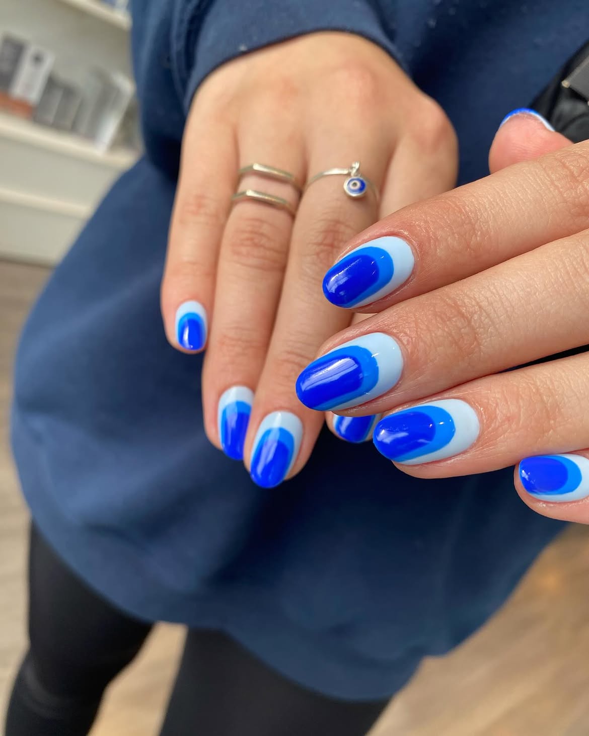 Blue Gradient Oval French Tip Nails