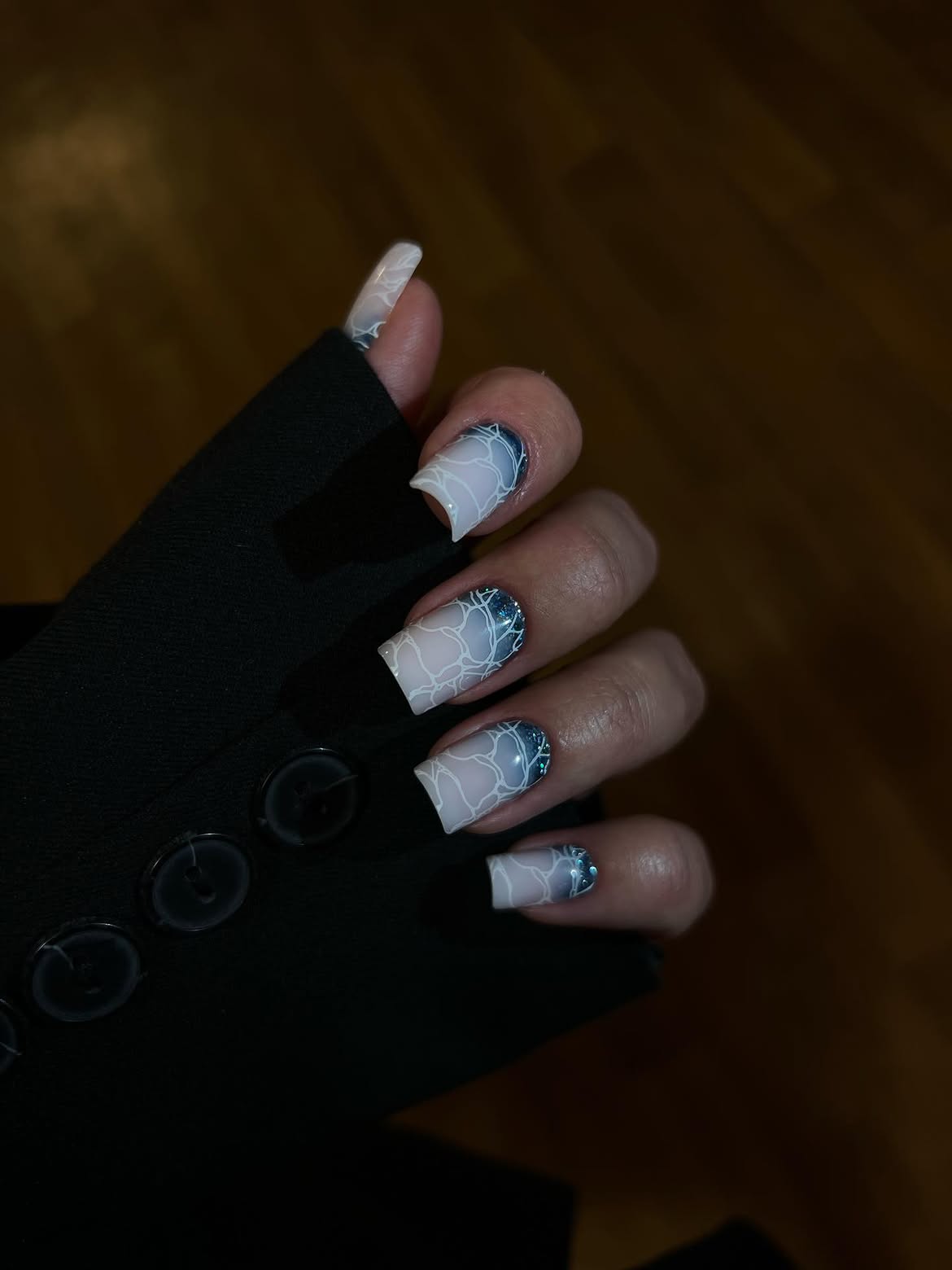 28 Stunning Coffin Nail Ideas for Your Perfect Fall Look 19 Blue Ombre Spiderweb Coffin Nails
