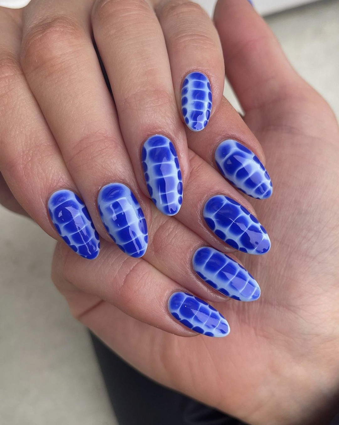Blue & White Checkerboard Glossy Almond Nails