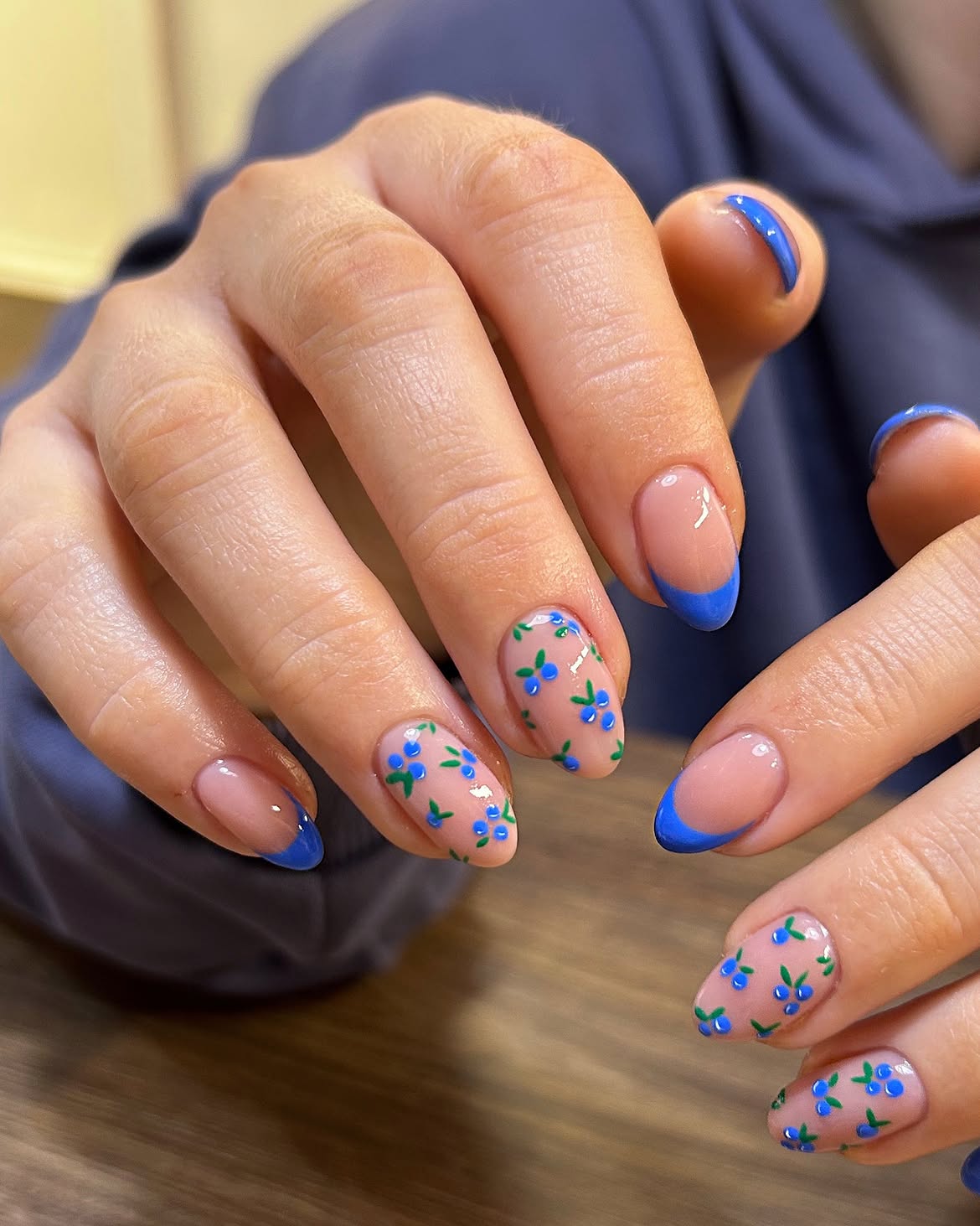 Blueberry Floral French Almond Nails