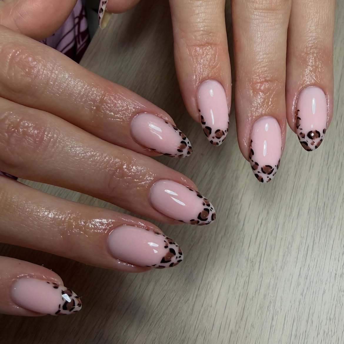 Blush Pink Leopard French Tip Almond Nails