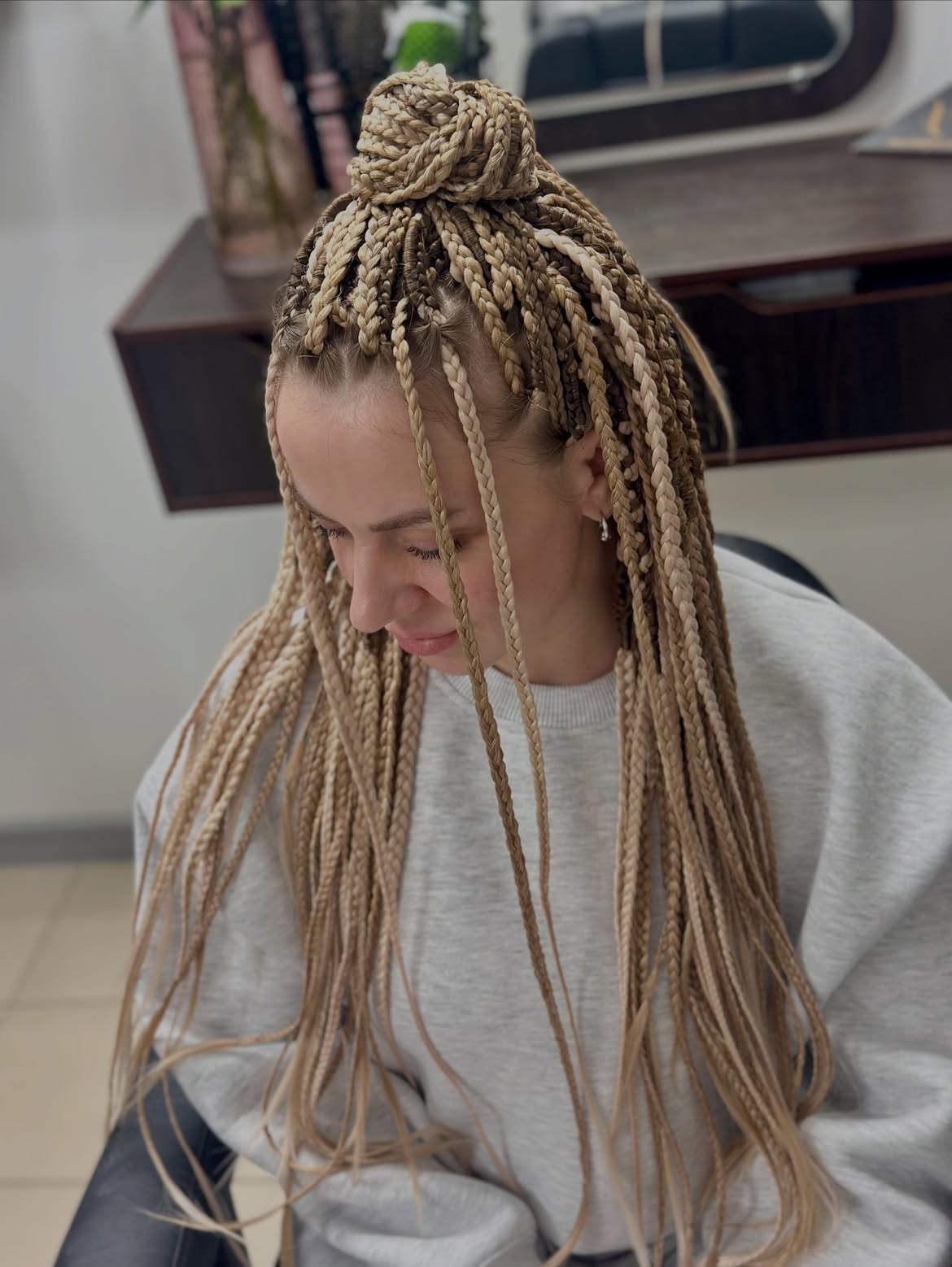 Bohemian Blonde Box Braids With Top Knot