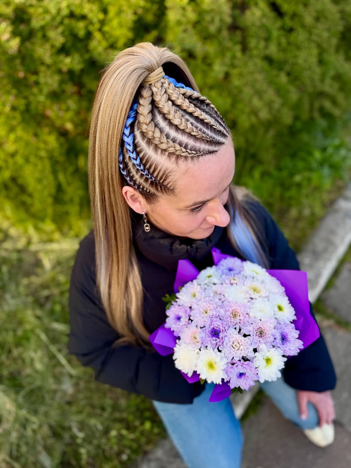Boho Braids With Blue Ribbons High Ponytail