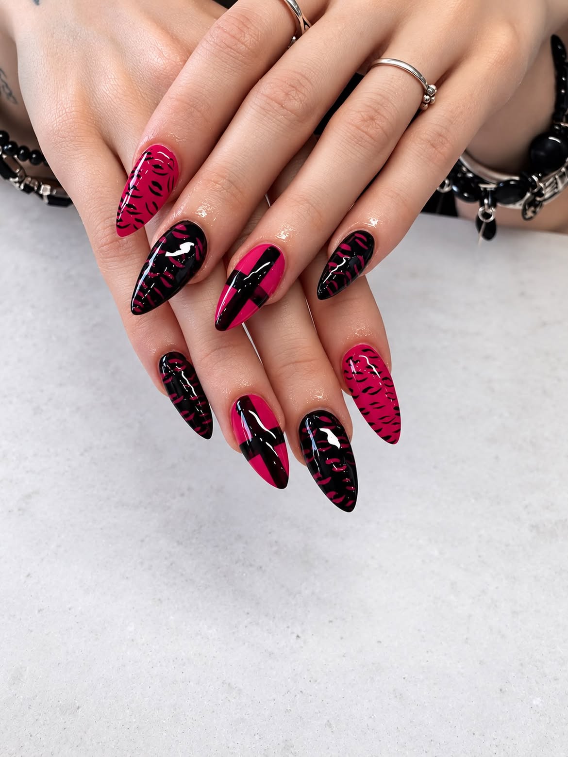 Bold Black and Hot Pink Plaid Stiletto Nails