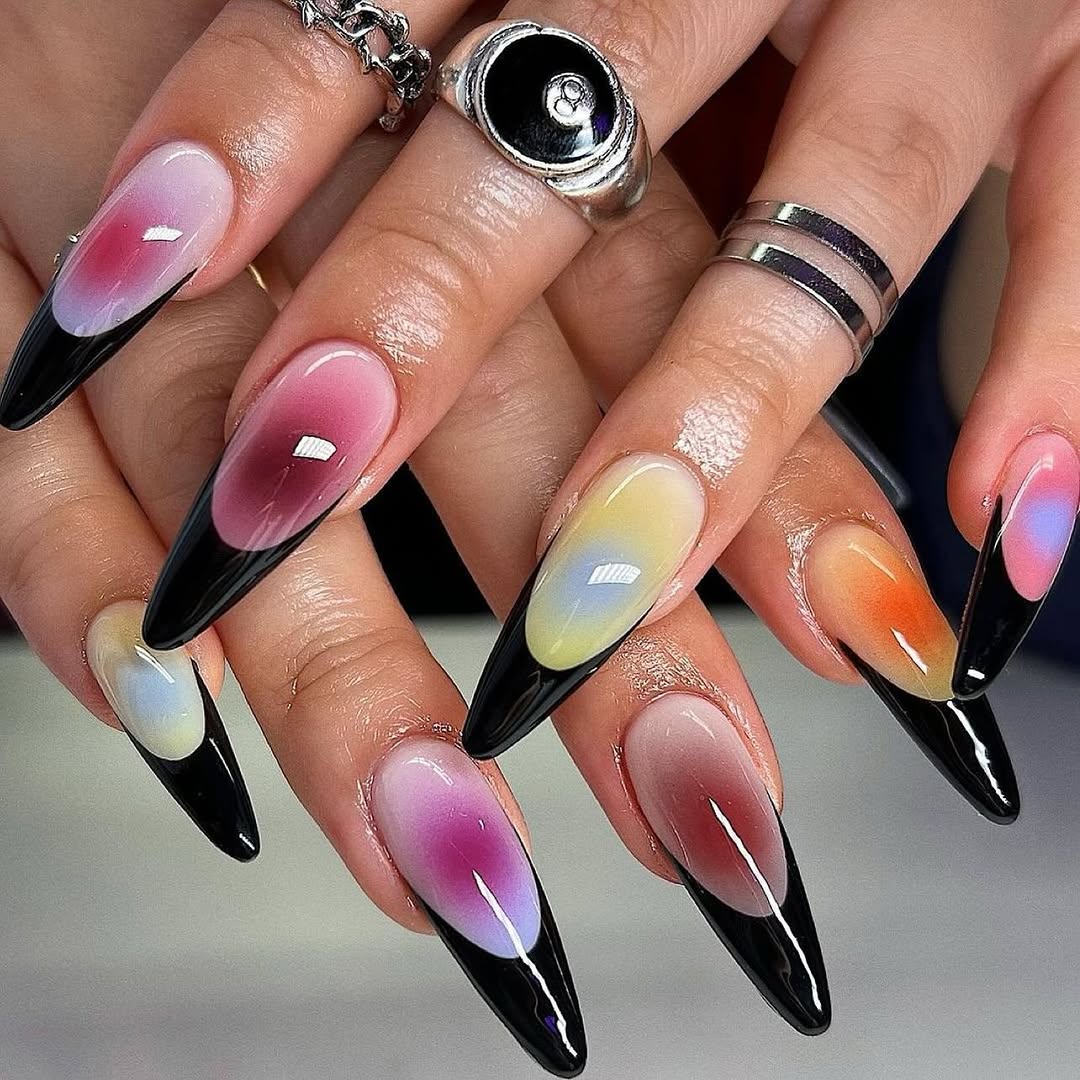 Bold Black French Tip Aura Gradient Nails