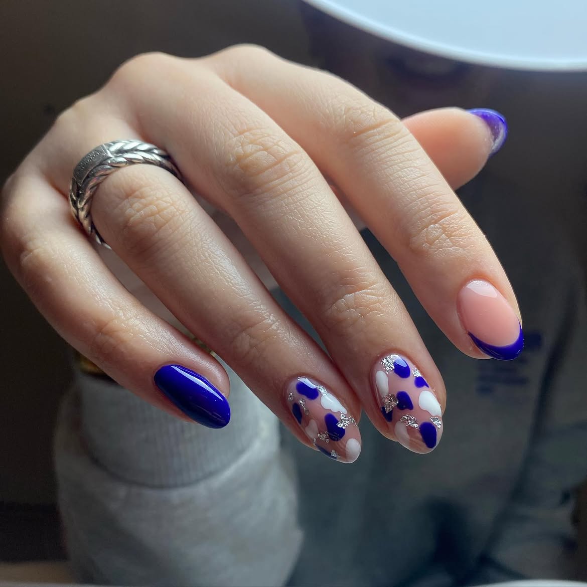 Bold Blue Abstract French Tip Nails