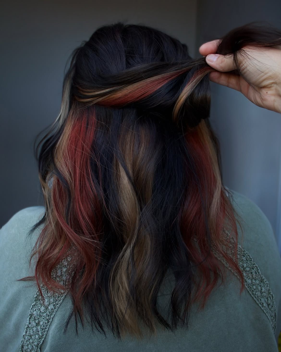 Bold Calico Hair Color With Textured Waves