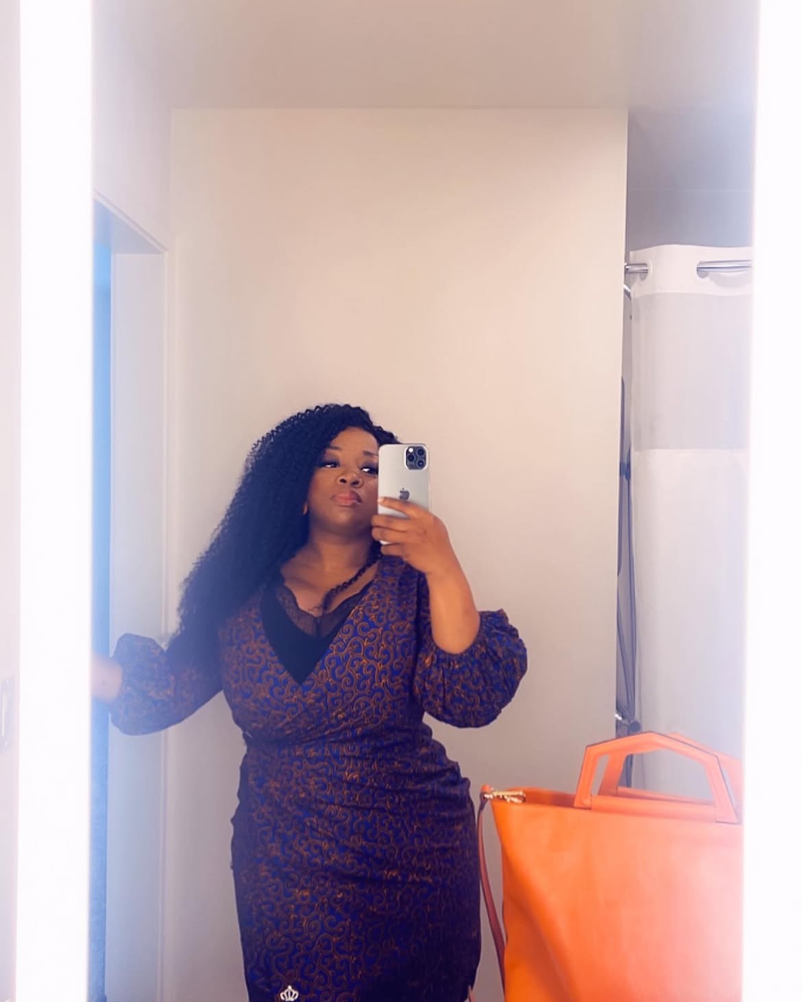 Bold Print Wrap Dress With Pop Of Color Bag
