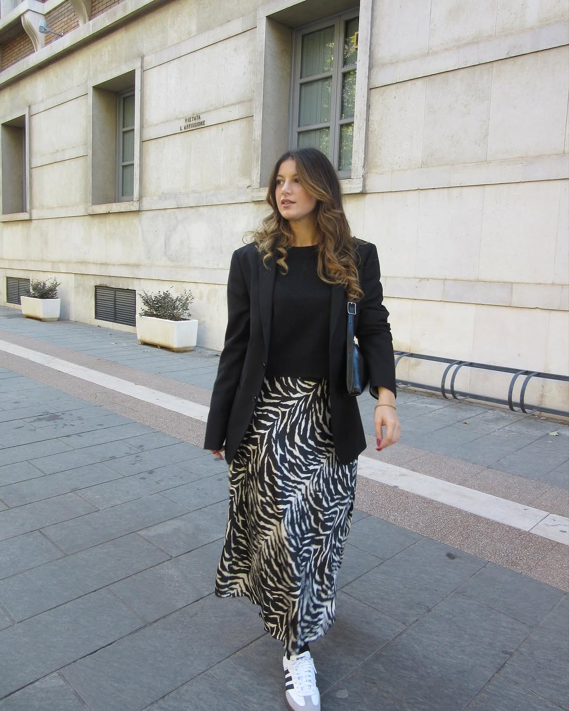 Bold Zebra Midi With Blazer And Sneakers