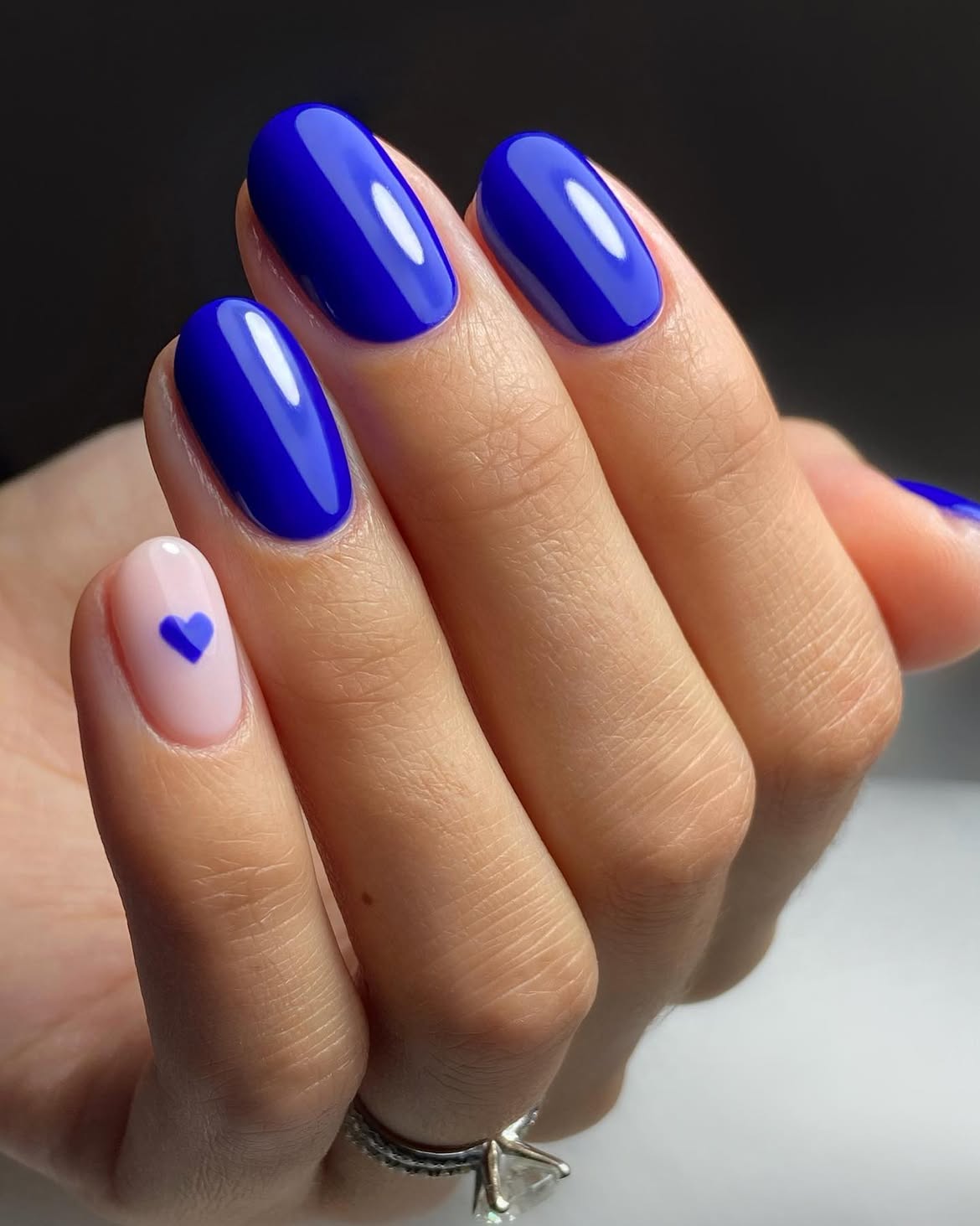 Bright Royal Blue Oval Nails with Pinky Heart Accent