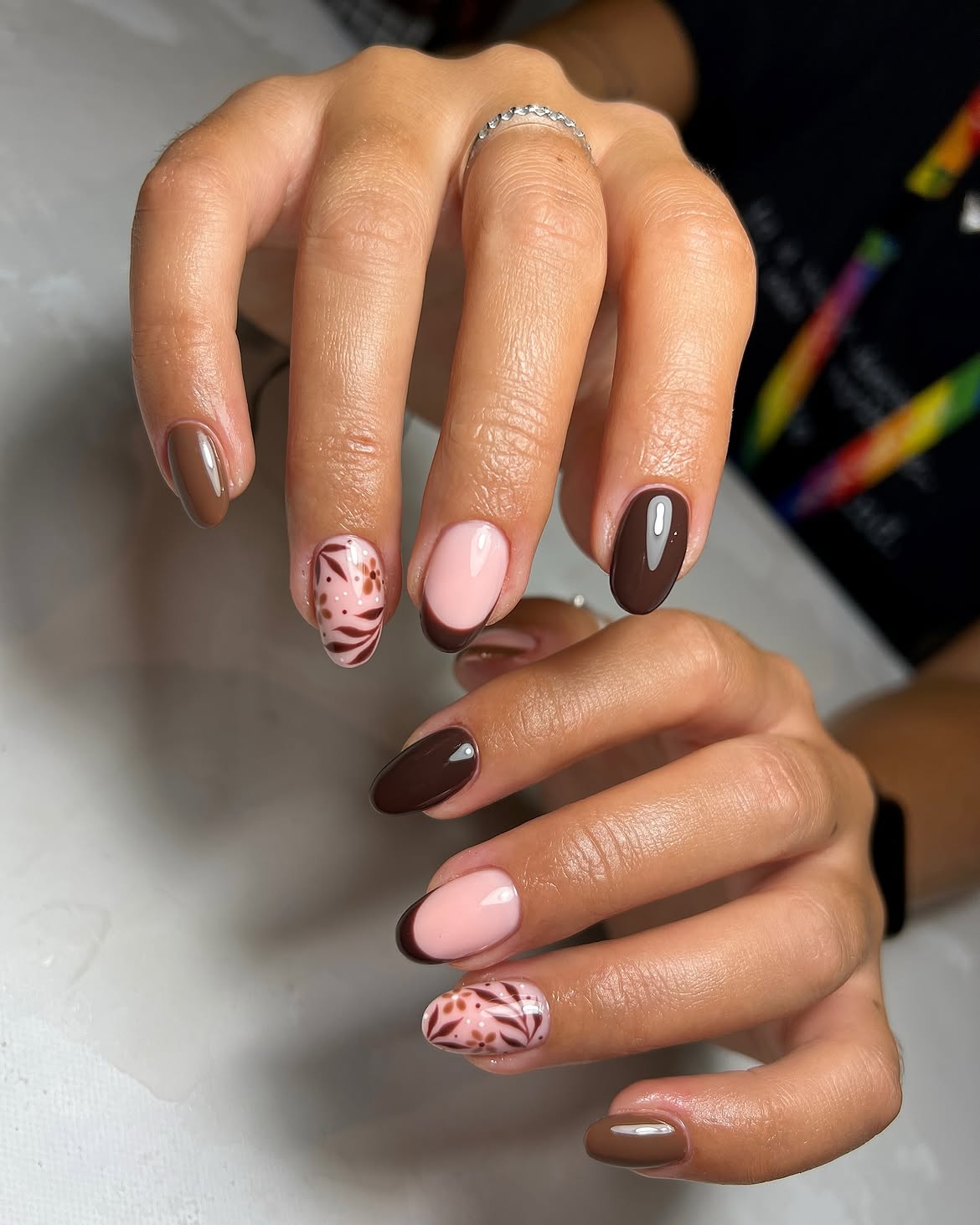27 Must-Try Early Fall Nail Ideas For A Chic Autumn Vibe 4 Brown and Pink Fall Florals with French Tips