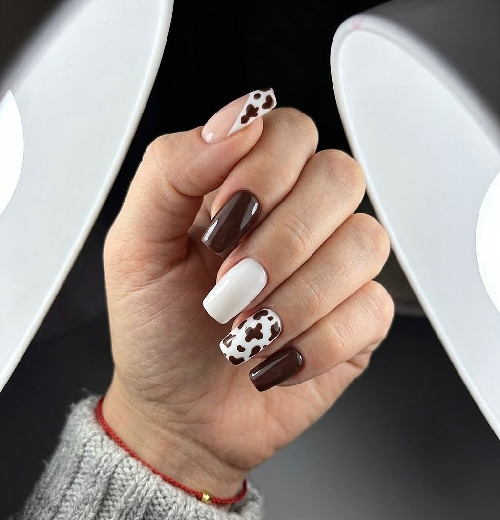 Brown And White Cow Print Coffin Nails