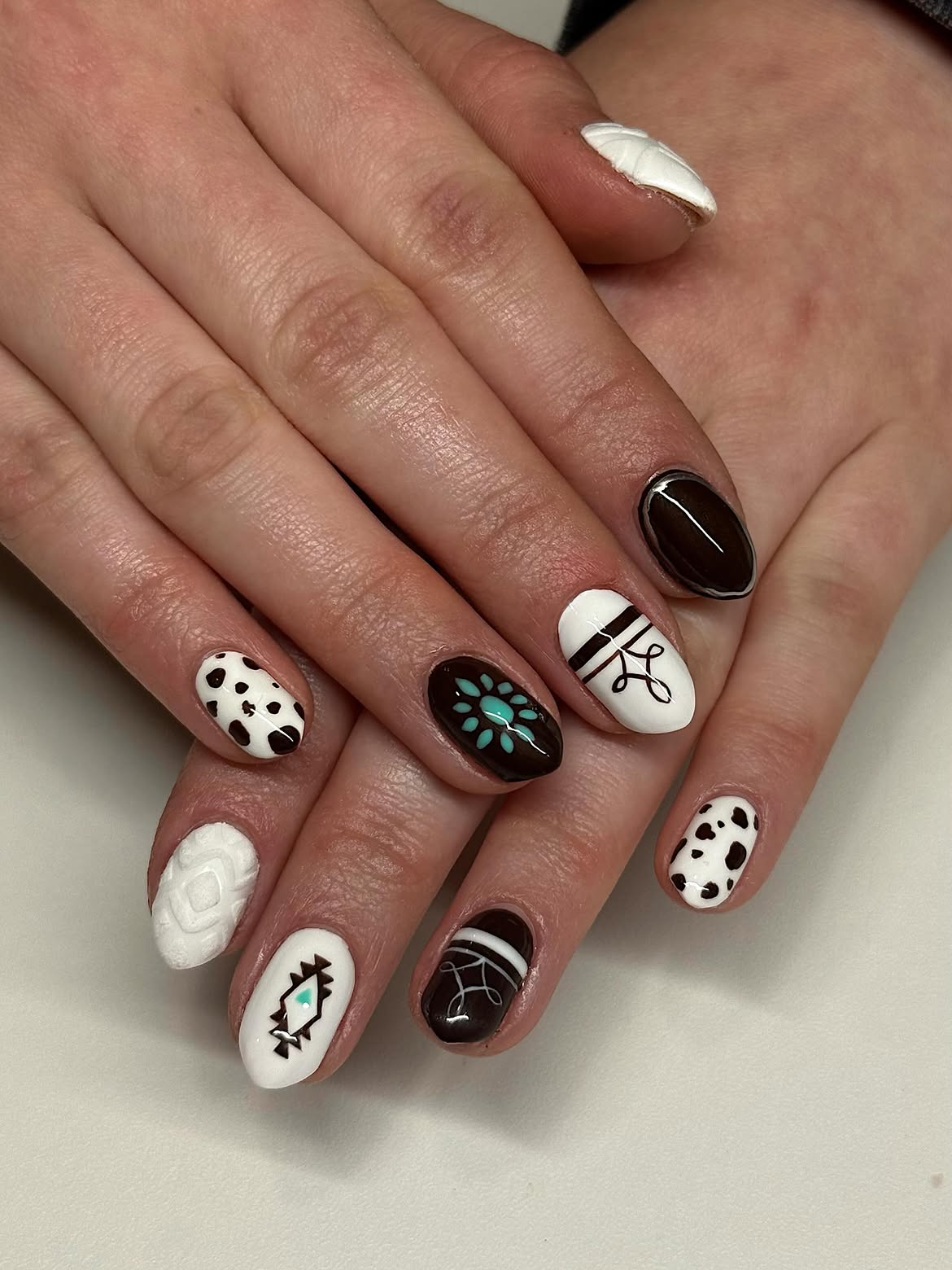 Brown and White Mixed Media Nail Art