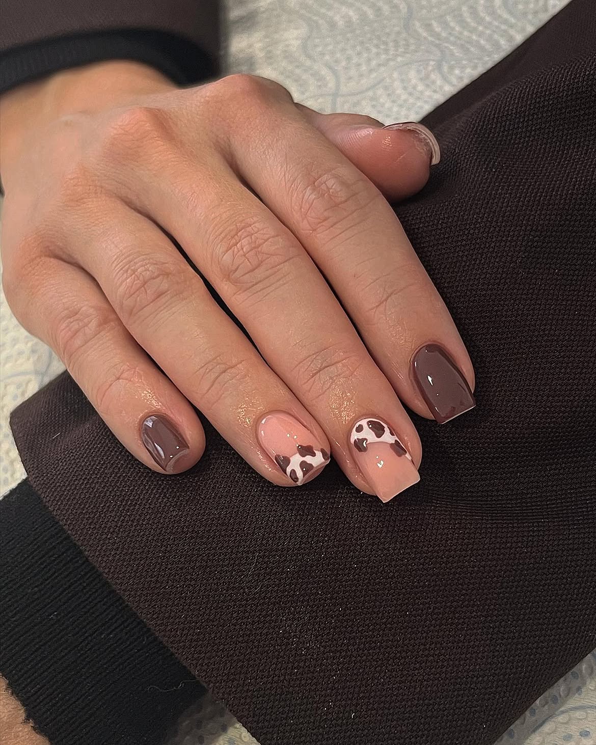 Brown Cow Print French Tip Nails