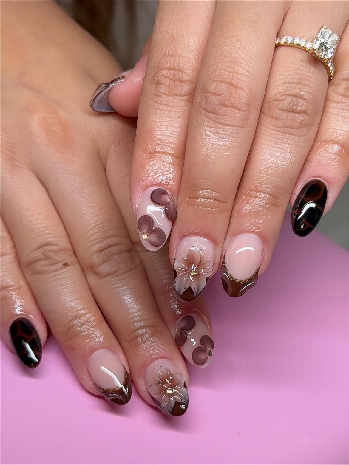 Brown Floral French Tip Almond Nails