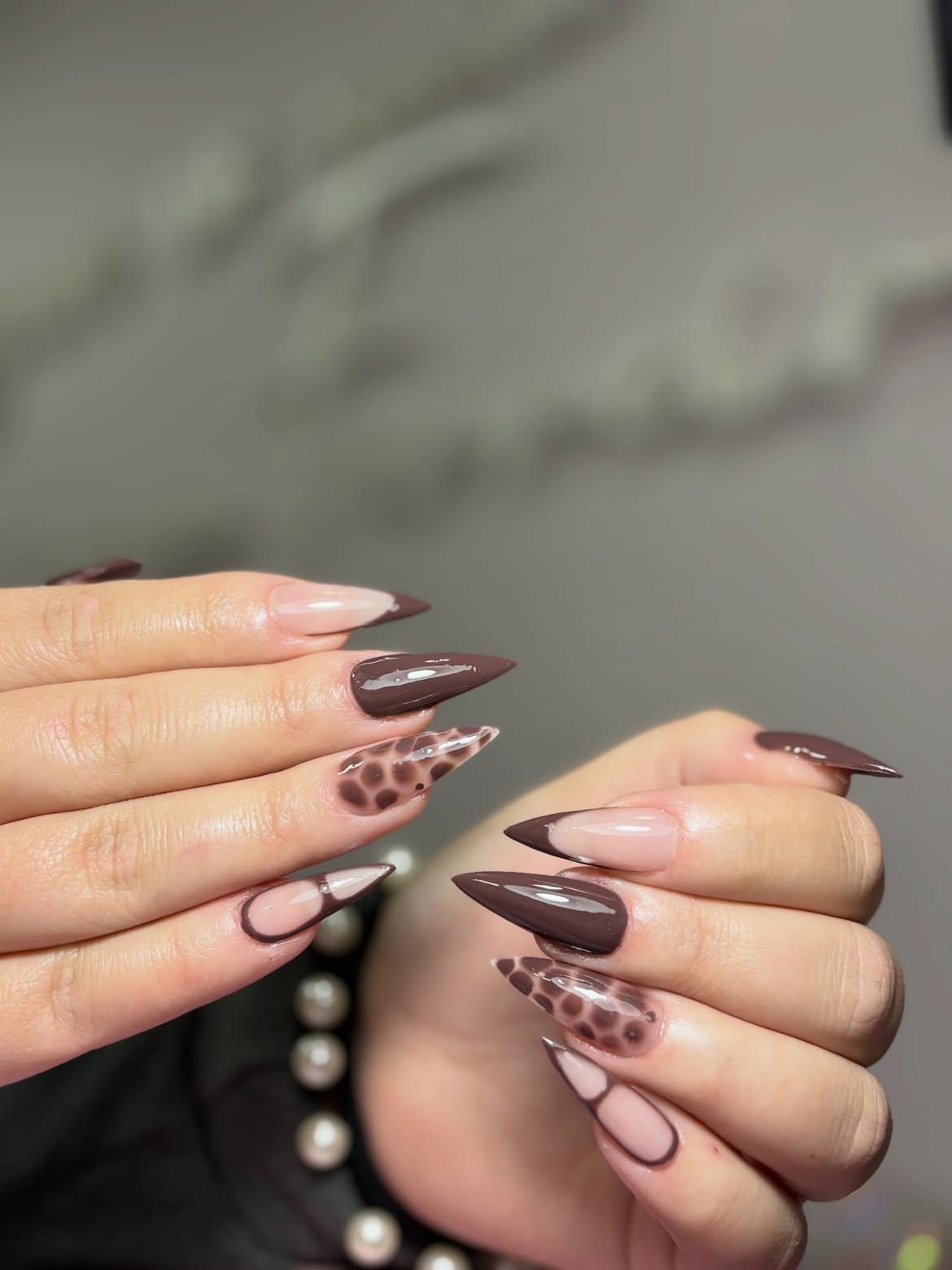 Brown French Tip and Giraffe Print Stiletto Nails