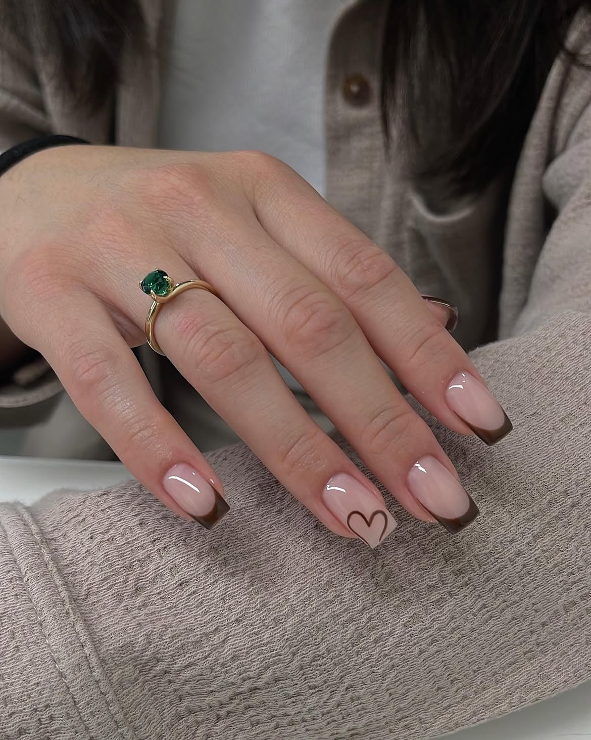 Brown French Tip Heart Accent Square Nails