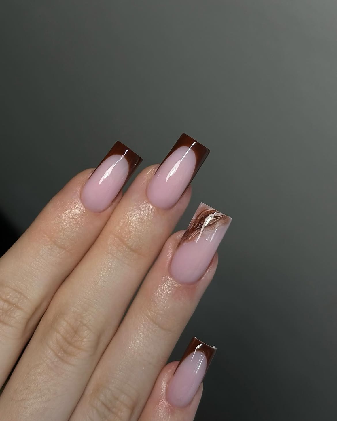 Brown French Tip Square Nails with Marble Accent
