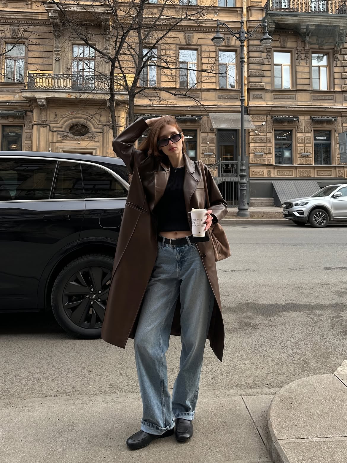 Brown Leather Trench Over Wide Leg Jeans Outfit