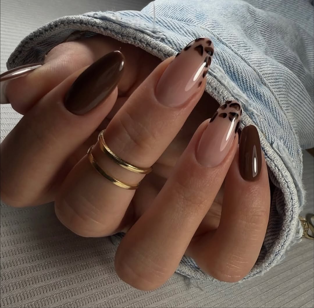 Brown Leopard Print French Almond Nails
