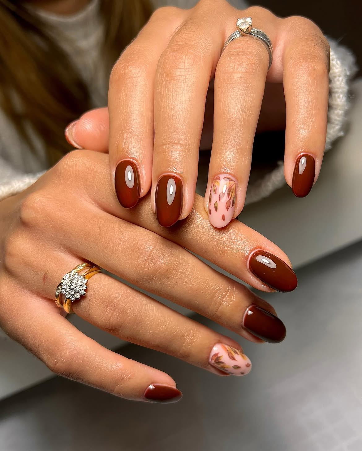 Brown Maple Leaf Accent Oval Nails