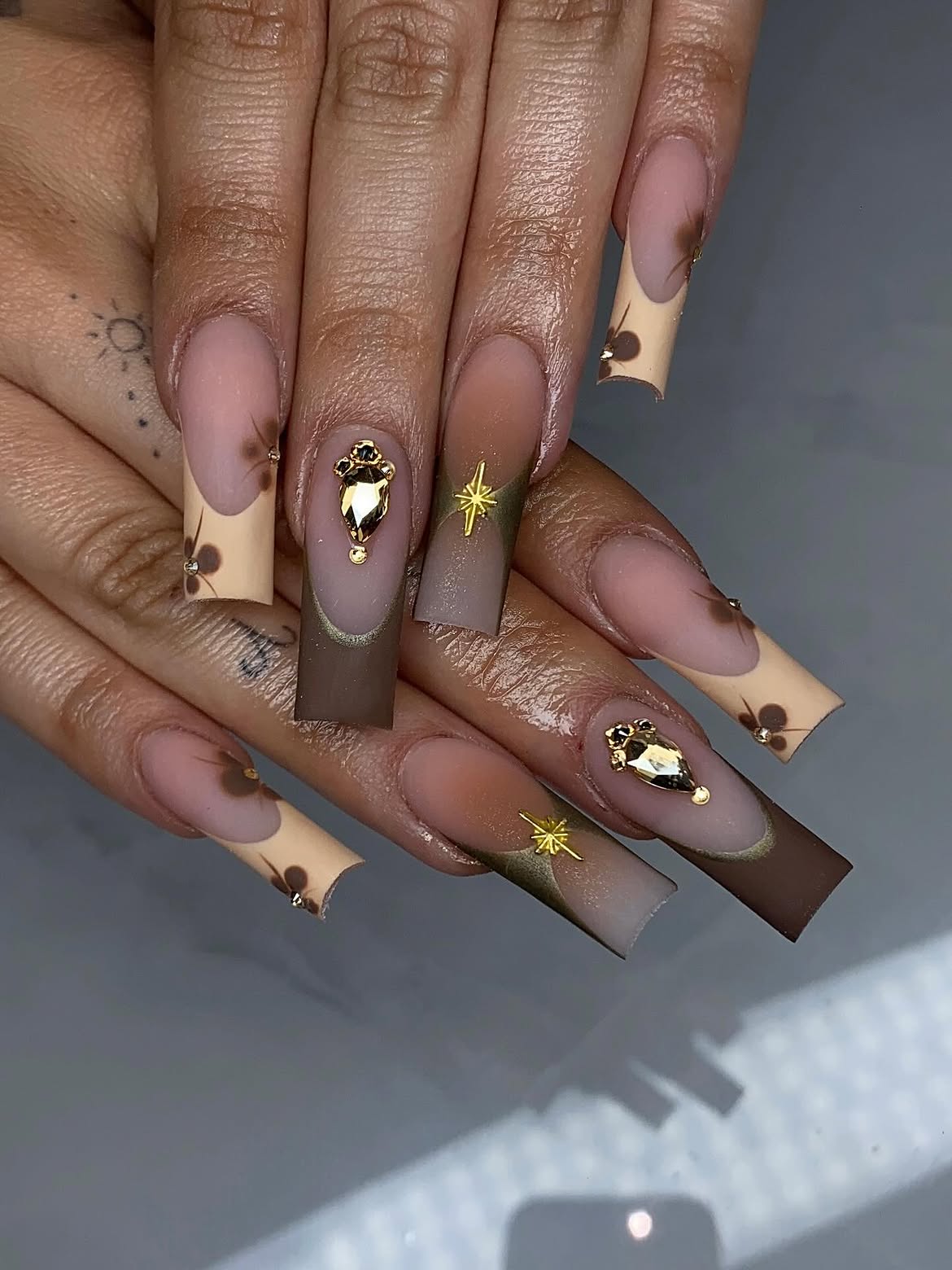 Brown Ombre French Tips with Gold Charms