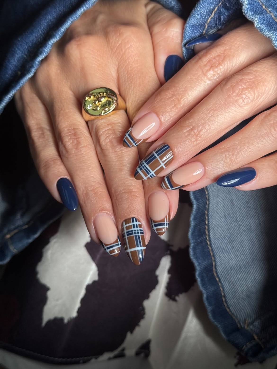Brown Plaid French Tip Almond Nails