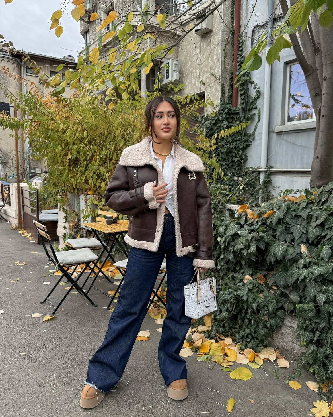 Brown Shearling Jacket With Wide Leg Denim