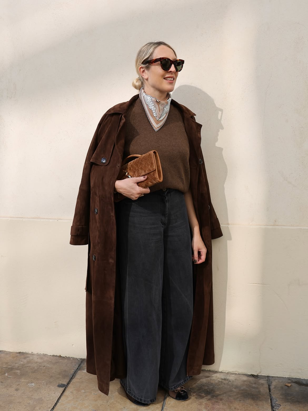 Brown Suede Trench With Monochromatic Knit and Wide Leg Denim