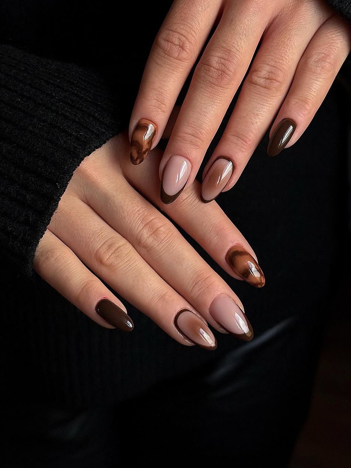 Brown Swirl Ombre Almond French Tips
