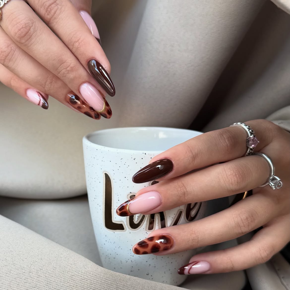 Brown Tortoiseshell Almond Fall Nails