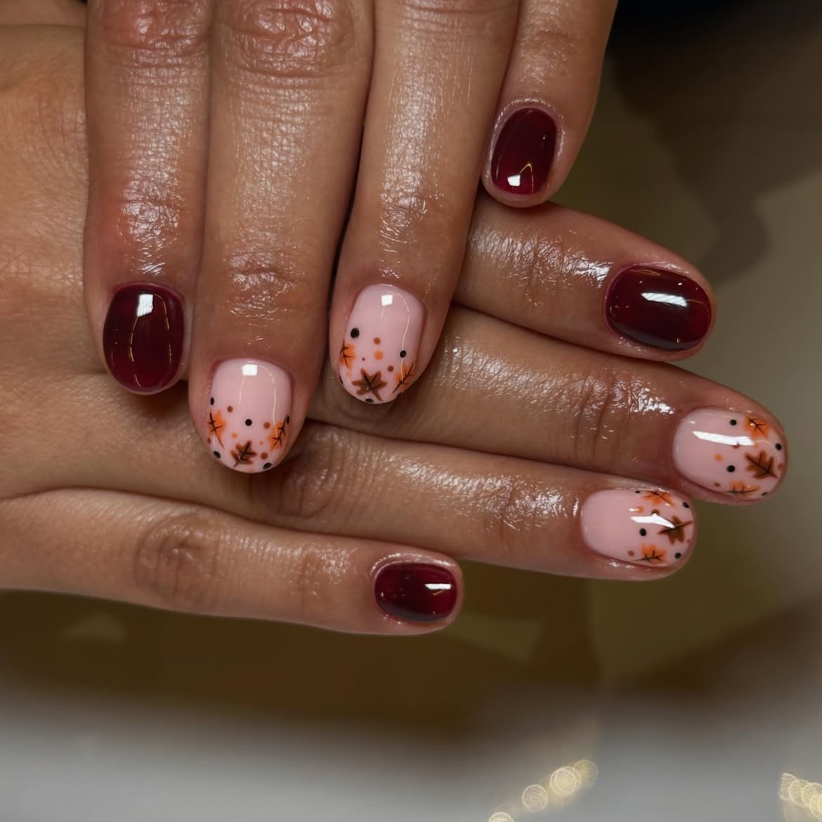 29 Stunning Fall Leaves Nail Ideas You Need To Try Now 16 Burgundy and Pink Fall Leaf Nail Art