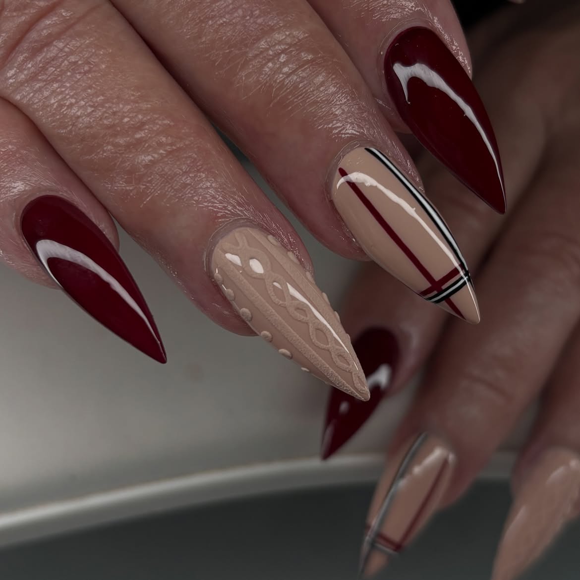 Burgundy Cable Knit Stiletto Sweater Nails