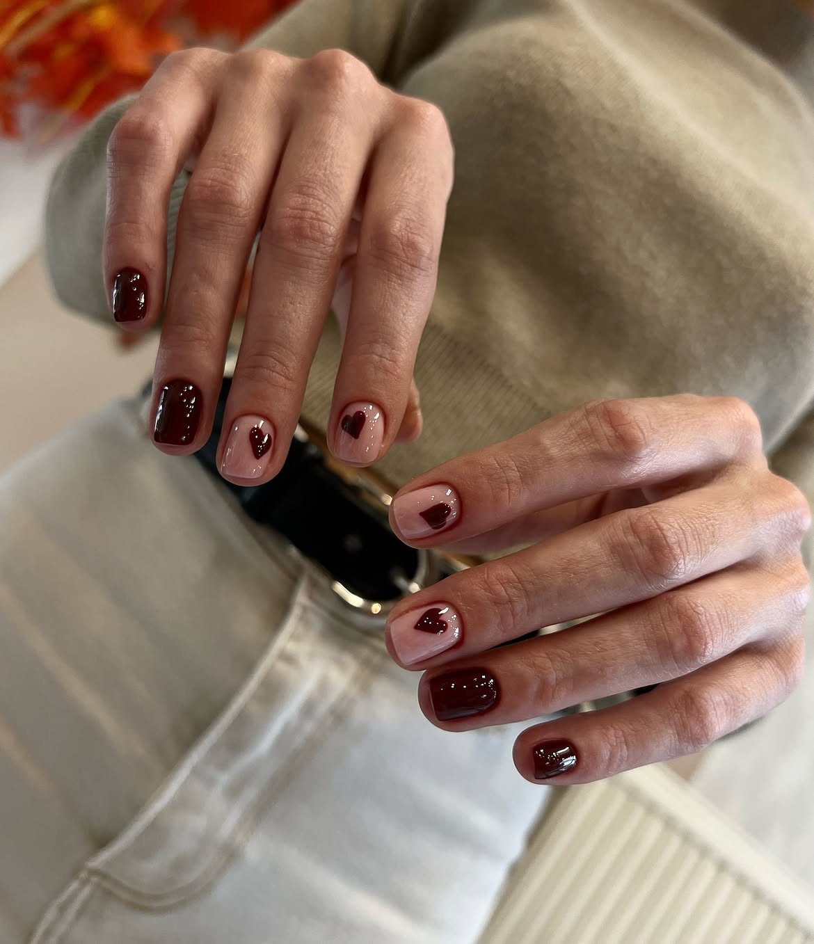 27 Must-Try Early Fall Nail Ideas For A Chic Autumn Vibe 11 Burgundy Hearts on Milky Pink Short Squovals