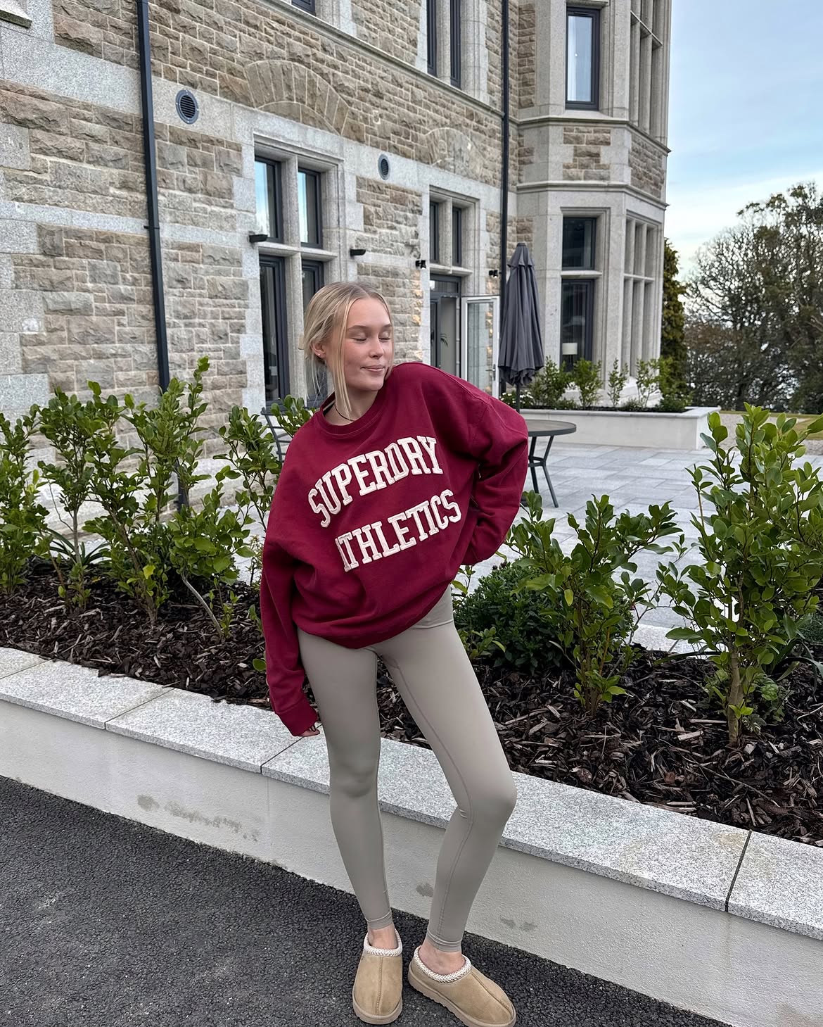 Burgundy Sweatshirt and Taupe Leggings Athleisure Look