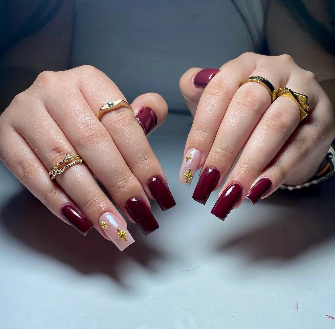 Burgundy Velvet Matte Coffin Nails With Gold Stars
