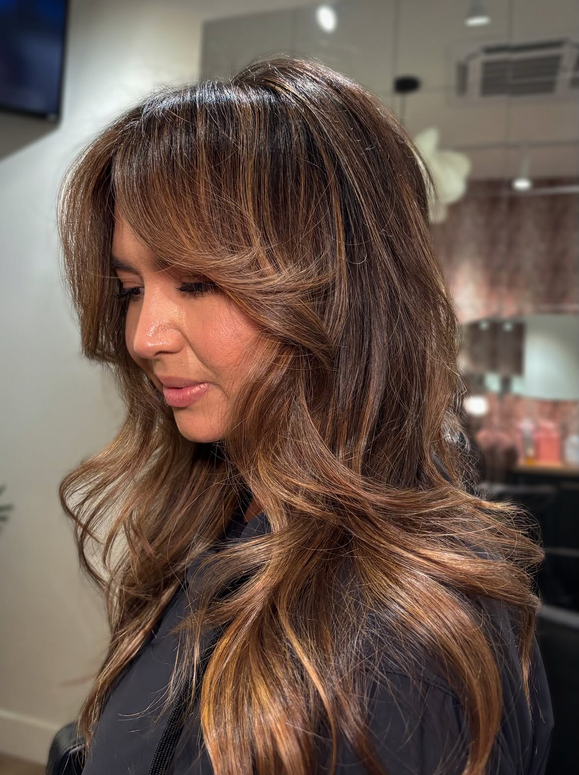 Caramel Balayage With Wispy Face Framing Layers