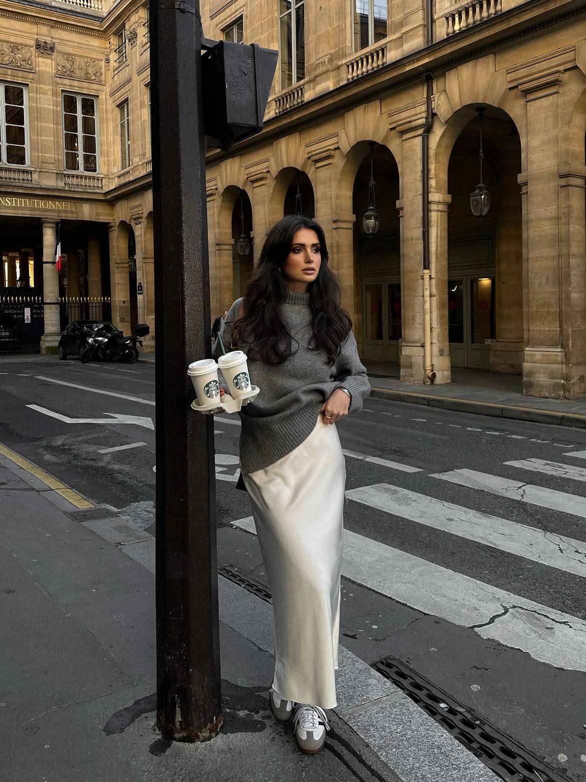 Cashmere Turtleneck With Satin Midi Skirt And Sneakers