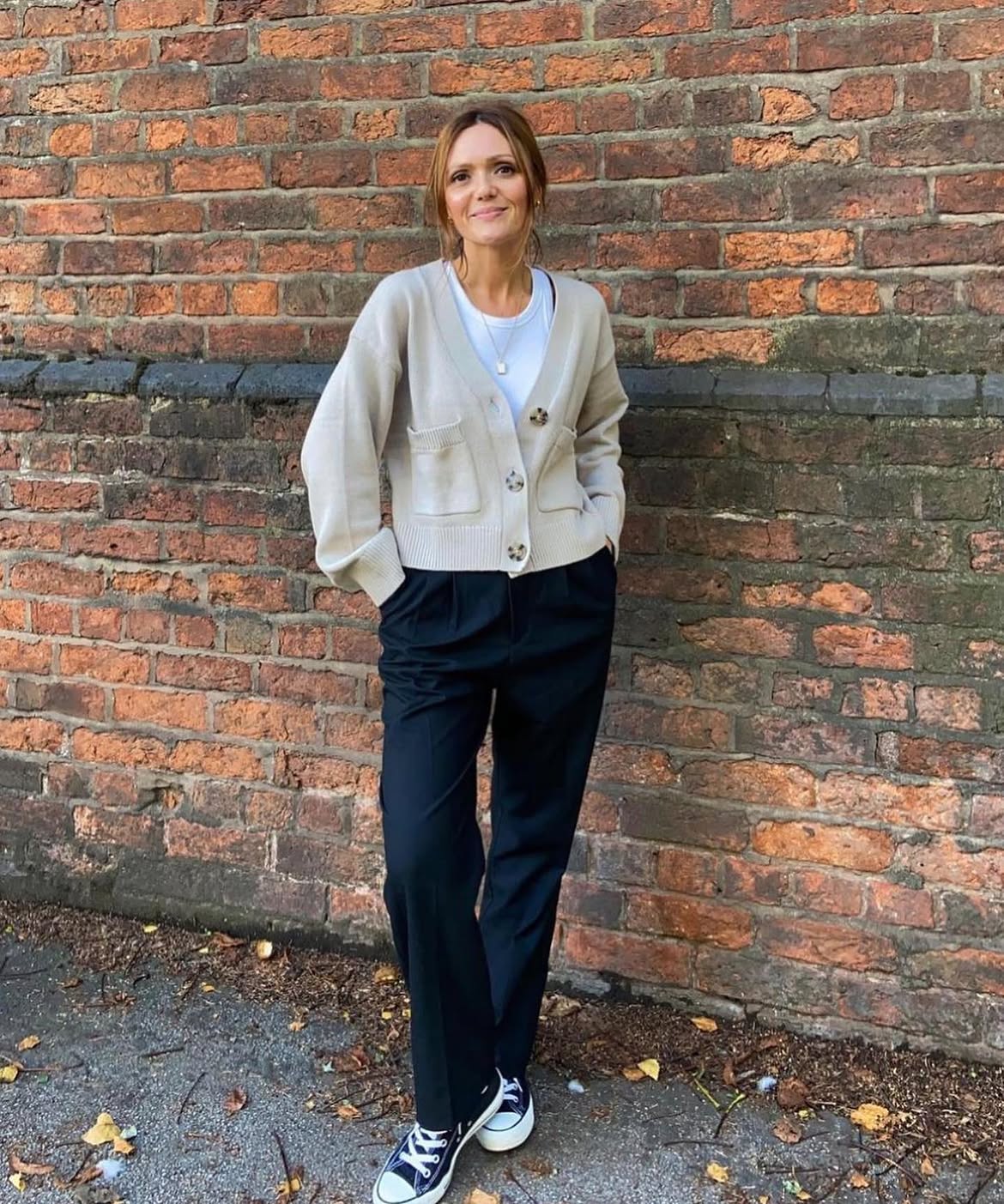 Casual Cream Cardigan With Black Trousers And Sneakers