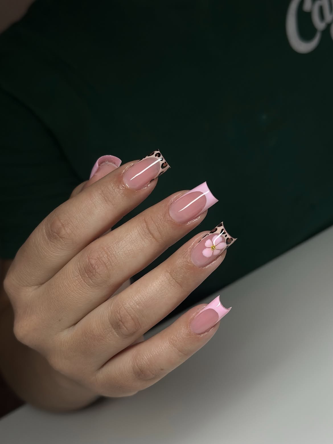 Cheetah Pink French Tips With Floral Accent