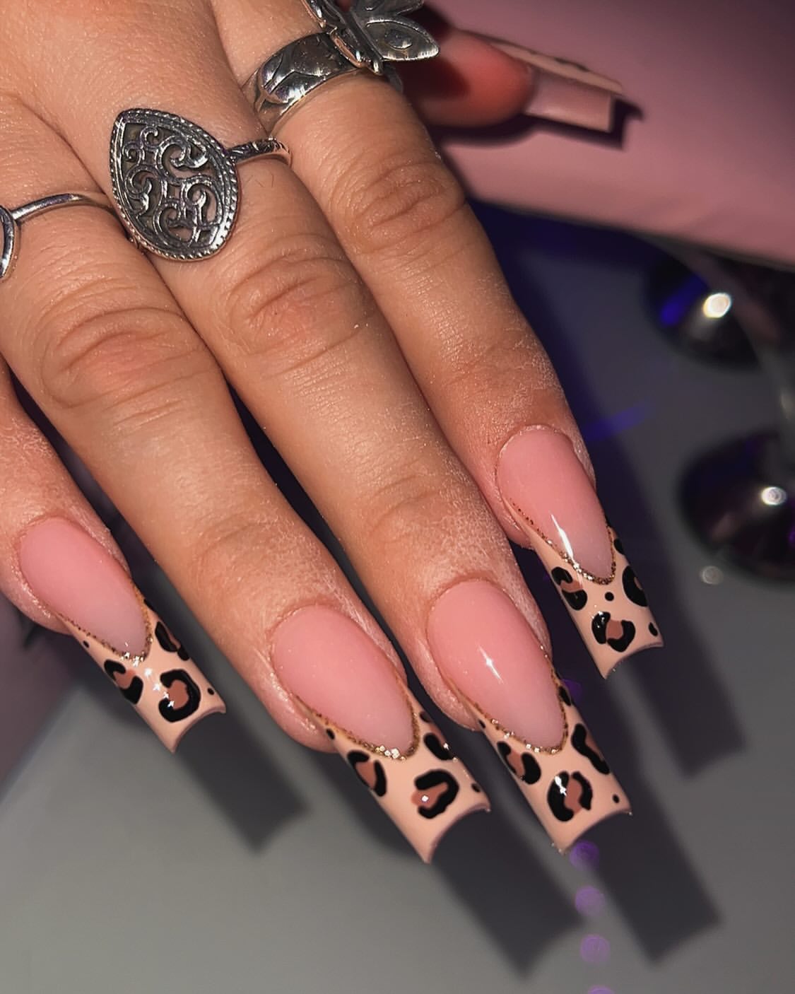 Cheetah Print French Tip Coffin Nails with Gold Trim