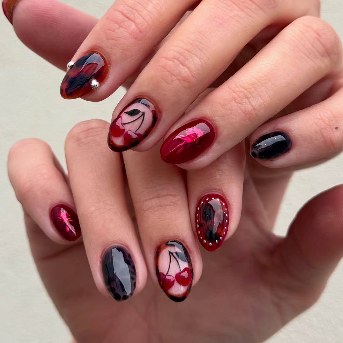 29 Stunning October Nail Ideas You Need To Try Now 7 Cherry Art & Tortoiseshell Almond Nails