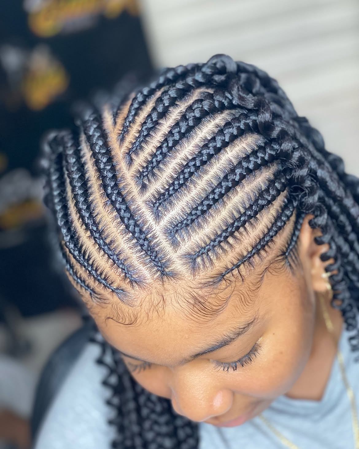 Chevron Cornrows With Curly Outro