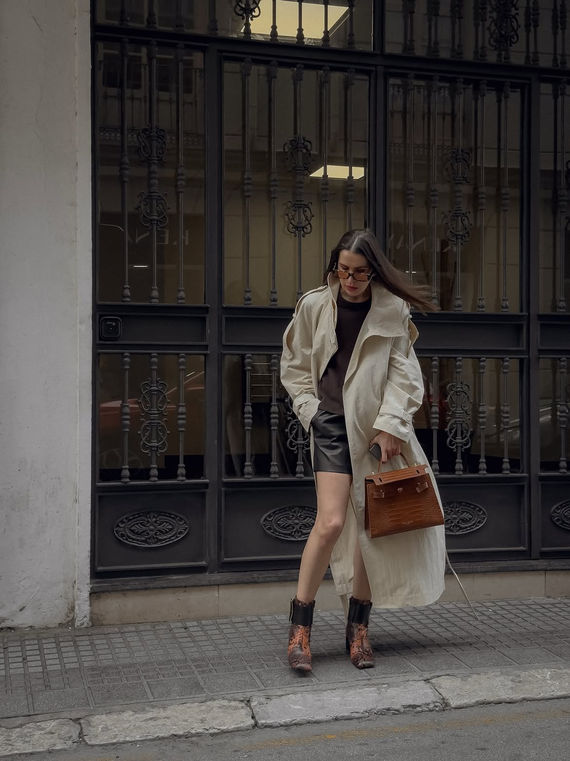 Chic Beige Trench With Leather Shorts