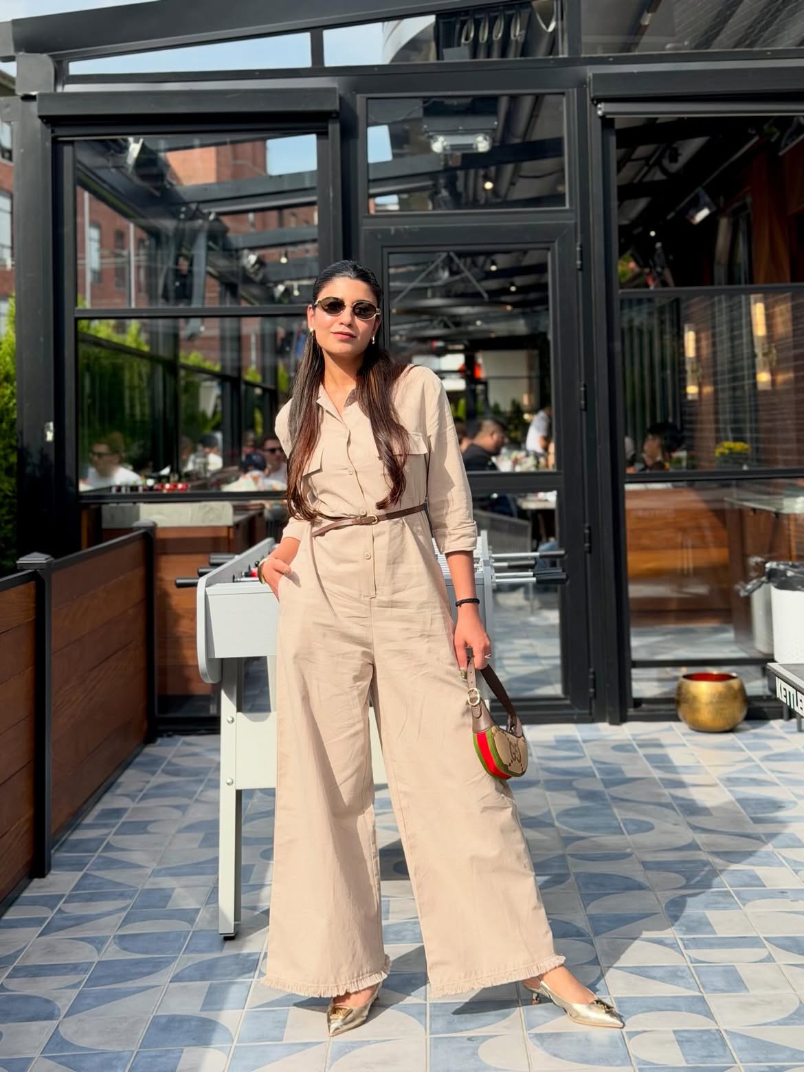 Chic Beige Utility Jumpsuit With Metallic Accents