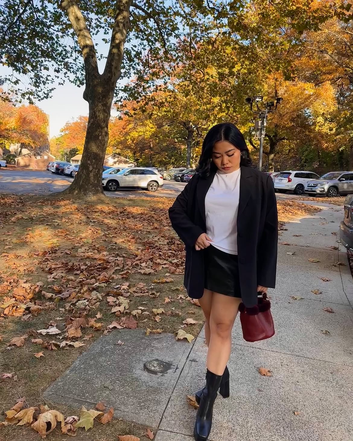 Chic Black Blazer With Leather Skirt Outfit