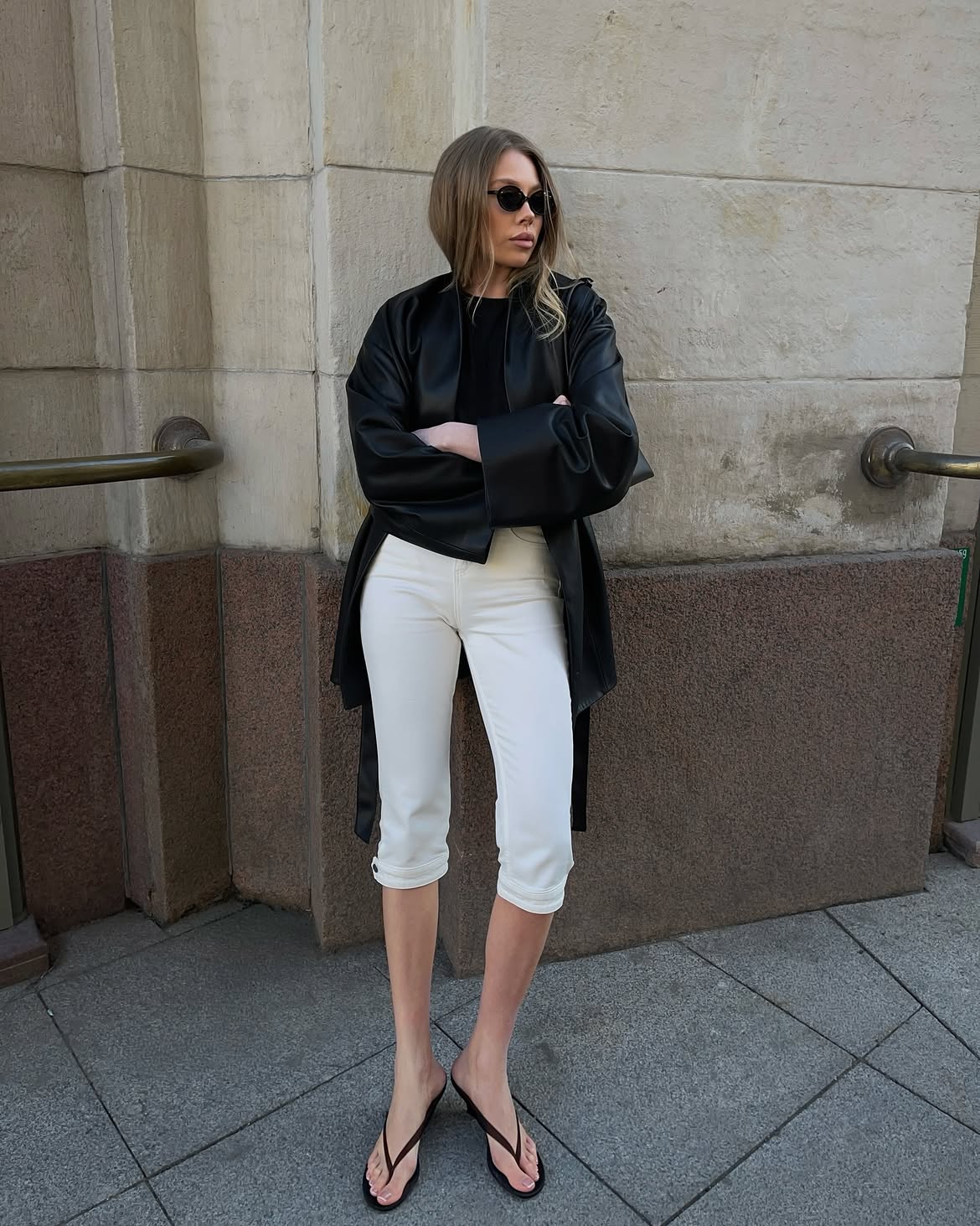 Chic Black Faux Leather Drape Jacket With White Crops