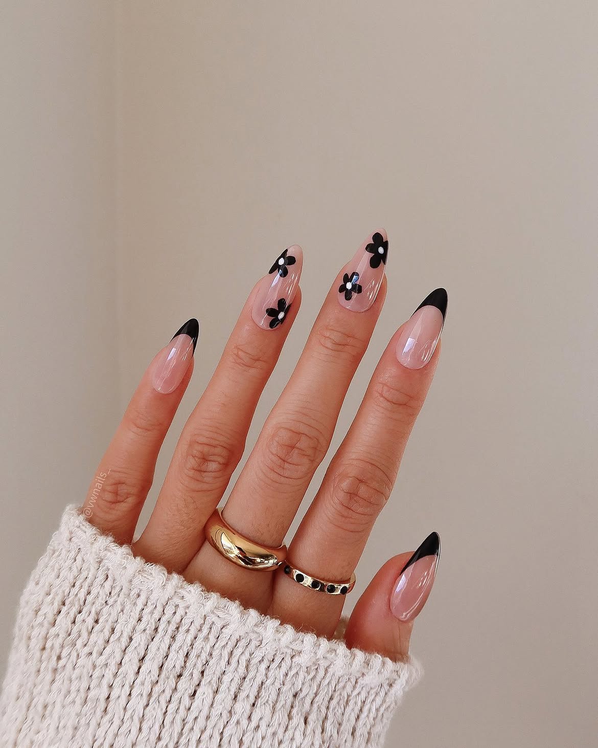 Chic Black Flower French Tip Almond Nails
