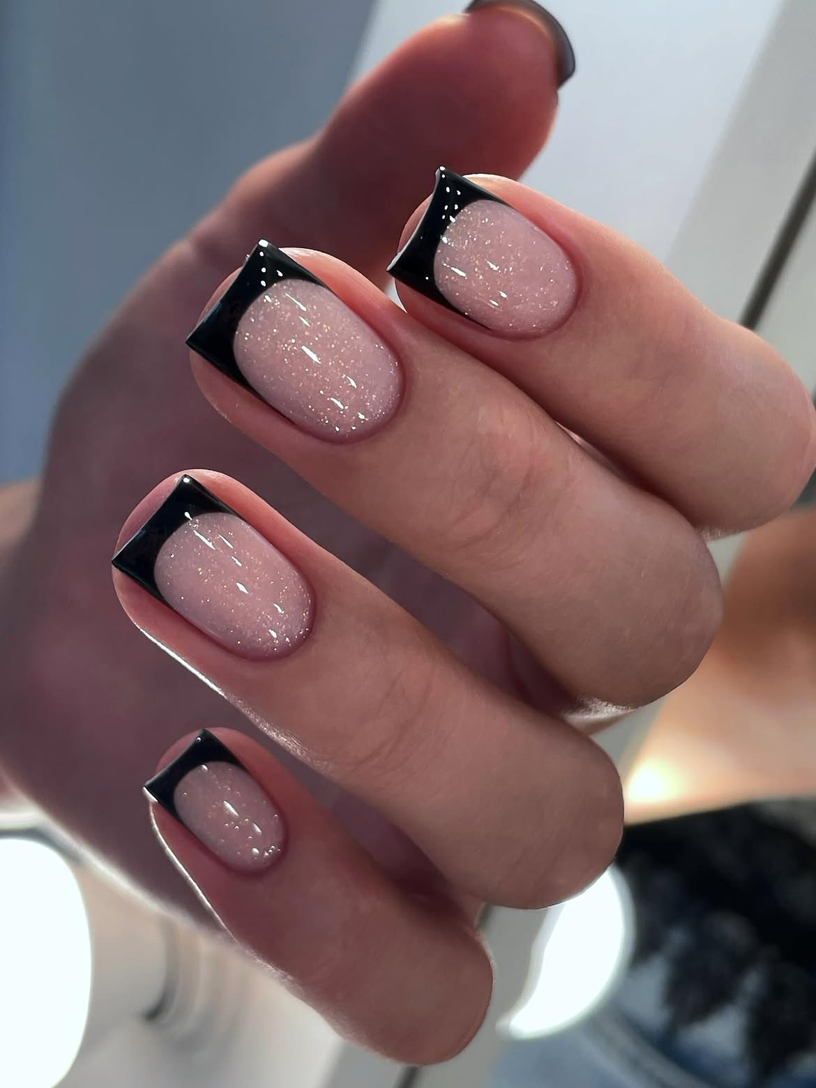 Chic Black French Tip Milky Glitter Nails