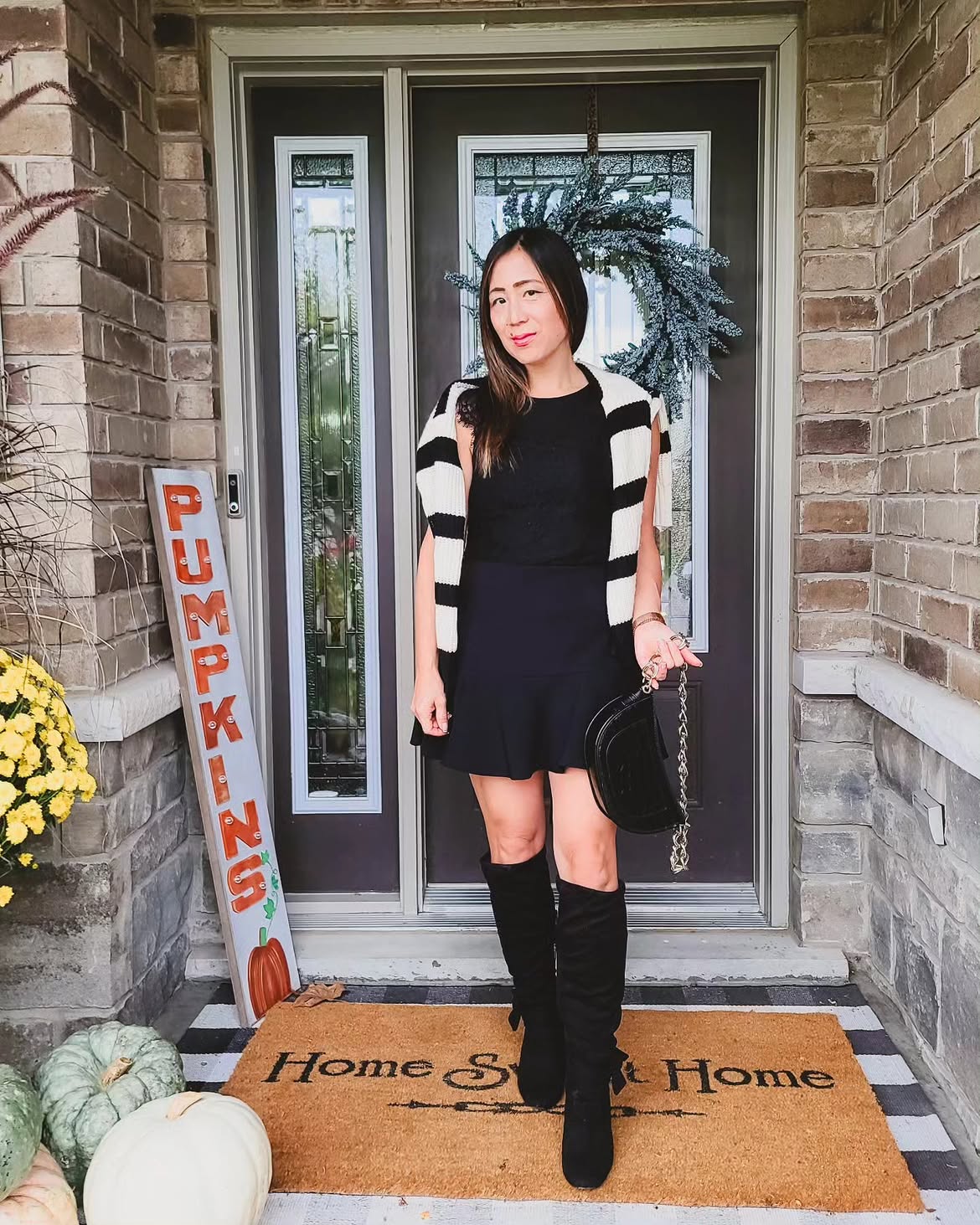 Chic Black Skater Skirt With Knee-High Boots